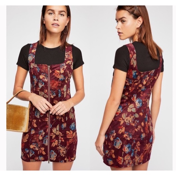 Free People Dresses & Skirts - Free People Burgundy floral jumper Dress Rose Garden Corduroy Zipper Size 4